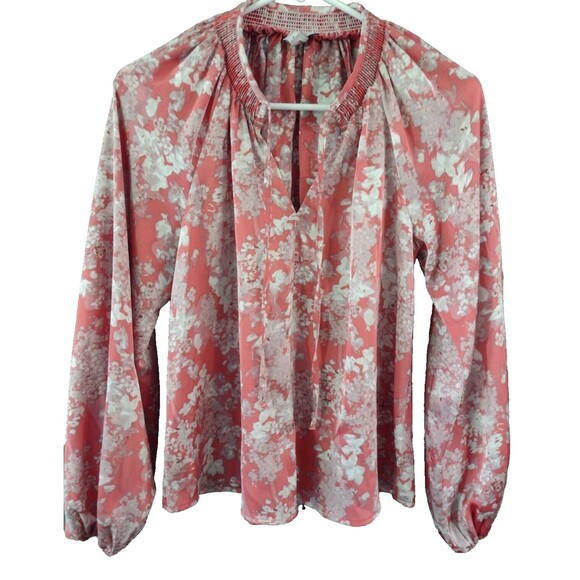 Evereve Smocked Neck Statement Blouse Size XS Kiera Coral Floral Artsy Flowy - Picture 1 of 10